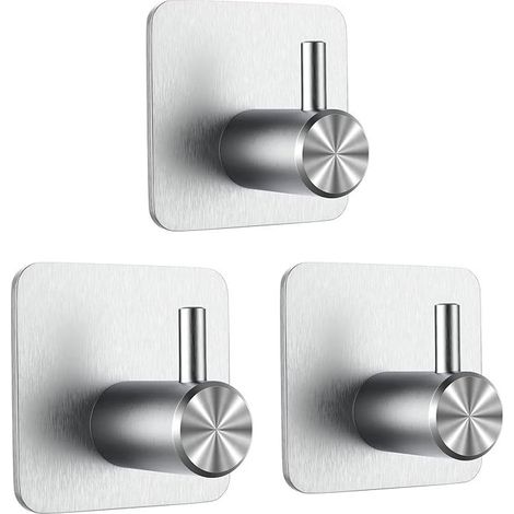 3 Pcs Crochet Adhésif 3M, Crochet Mural de Salle de Bains, Sans Perçage Porte Serviette, Acier Inox Accroche Torchon Cuisine, Argent (1/5)