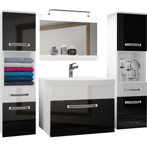 Belini Badezimmer Badmöbel Set Vollausstattung mit Waschbecken Unterschrank Waschtisch Spiegel Lampe Möbel Schwarz Weiss Glänzend (1/5)