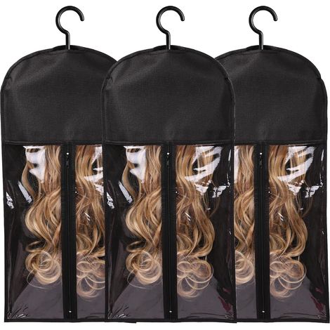 3-teilige Perückenaufbewahrungstasche mit Haken, bietet Platz für mehrere Perücken, geeignet für Haarverlängerungen, Perücken und Accessoires (schwarz). (1/5)