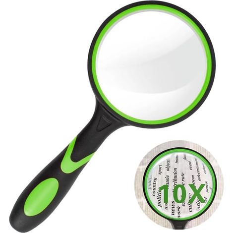 Loupe, loupe de lecture portable 10x avec poignée antidérapante en caoutchouc souple, miroir grossissant incassable pour personnes âgées pour lire vérifier explorer (vert, noir) (1/5)