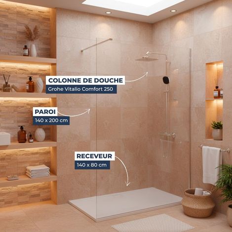 Dusch-Komplettset – Walk-In Duschwand 140x200 Chrom + Grohe Vitalio 2 Strahlarten + Gussmarmor-Duschwanne Weiß 140x80