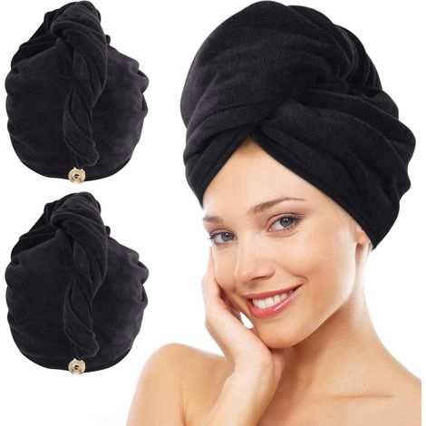 Microfibre Séche Serviette Cheveux Enrouler Turban Soin Cheveux Serviette Bain Séchage Rapide Tordu pour Les Cheveux Mouillées 30x70cm 2pcs Noir (1/5)