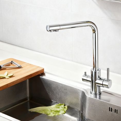 Océan Robinet de cuisine mitigeur évier cuisine 3 voies filtre à eau, eau potable purifiée, 2 leviers, rotatif à 360°, acier inox, finition chromé (1/4)