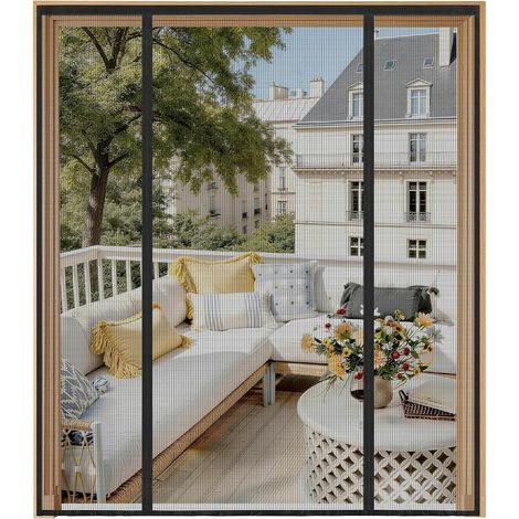 Moustiquaire Porte Fenêtre 180x215cm, Magnétique Double Porte, Fermeture Automatique Sans Perçage, Anti Mouches pour Baie Vitrée Coulissante, Balcon, Terrasse et Patio, Noir (1/5)