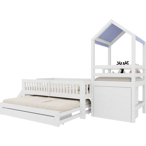 Cama infantil tipo casita 90 x 200 cm con cama nido, 4 cajones y escalera, blanca (1/5)