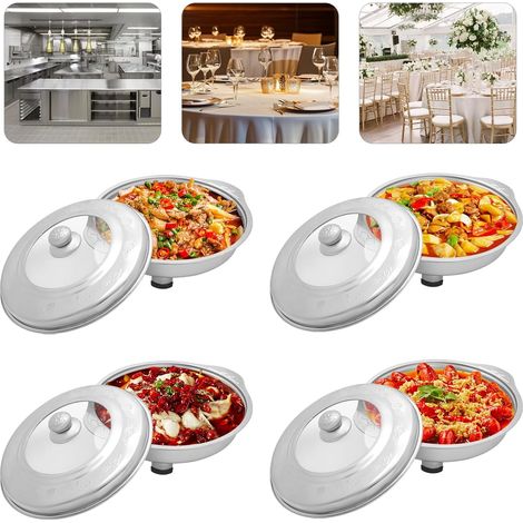 4PCS Buffet Dish Tray, Round Food Server Plate with Clear Lid & Practical Handles, Stainless Steel Buffet Dish Trays for Serving Dishes, Desserts, Fruits, Silver (1/5)