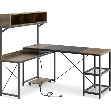 Bureau d'ordinateur en forme de L 158 x 123 x 75 cm avec rangement intégré et stations de recharge en MDF marron rustique