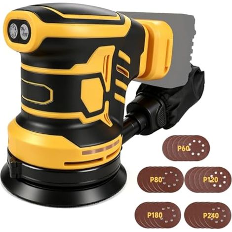 Ponceuse excentrique sans fil pour Dewalt 18V 20V, 125 mm Ponceuse pour bois avec aspiration de poussière, 25 papiers abrasifs, 6 vitesses 21000 tr/min pour le travail du bois (Sans batterie) (1/5)