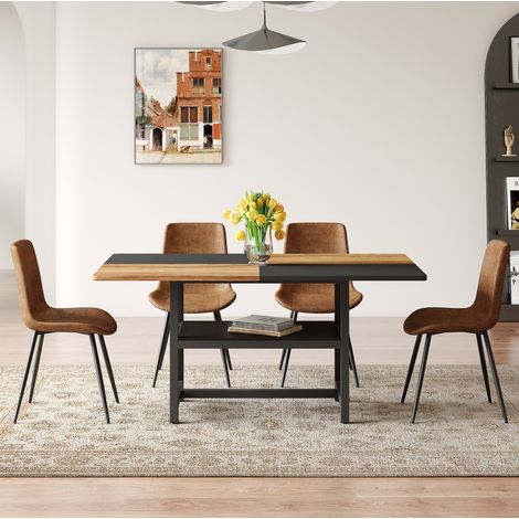 Ensemble salle à manger 160 cm avec table rectangulaire à rangement intégré et 4 chaises marron en tissu technique (1/5)