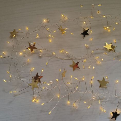 Ghirlanda a LED con stelle dorate e perle bianche - 200 luci bianco caldo, 1,5 m