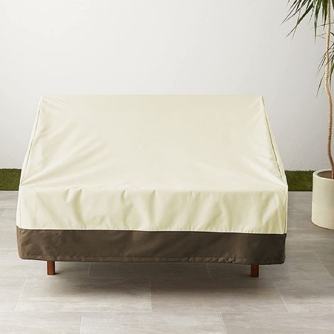 Gartenstuhlschutz, Terrassenabdeckung mit elastischem Verschluss und beigem/kaffeefarbenem Dekor, wasserabweisendes 600D Oxford-Gewebe (80x85x91,5cm) (1/5)