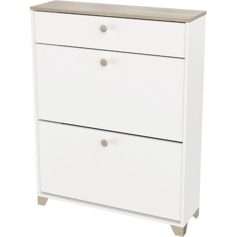 Calicosy – Meuble à chaussures blanc mat et chêne Kronberg 81 x 104 x 24 cm – Design nordique compact – 12 paires – Tiroir et portes pliantes (1/5)