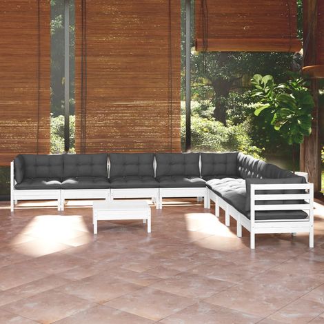 FIMEI Salon de jardin 10 pcs avec coussins Blanc Bois de pin solide (1/5)