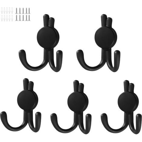Perchero de pared de 5 piezas, estilo retro, de acero inoxidable con ganchos dobles y tornillos, ideal para guardar sombreros, toallas y albornoces en el baño (negro). (1/3)