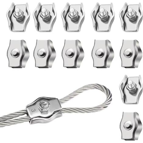 Lot de 12 serre-câbles M3 - 3 mm - En acier inoxydable 304 - Pour câble métallique - Tendeur de corde à linge - Fixé (1/5)