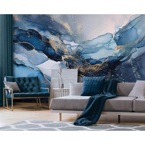 Fototapete Marmor Gold Blau, für Wohnzimmer und Schlafzimmer, 300 x 210 cm – Komplettset inkl. Kleister & Anleitung (1/5)