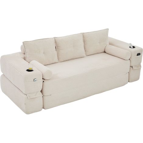Canapé Droit Convertible - 3 Places - Velours Côtelé - Coussins Inclus & Porte-Gobelets & Pochettes Latérales - Moderne - Beige (1/5)
