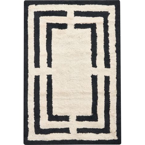 Bath Mat Beige and Black Cotton 60 x 90 cm Rectangular Shape Geometric Pattern Fluffy Bath Rug Bathroom Accessories Modern Design RISALU (1/5)