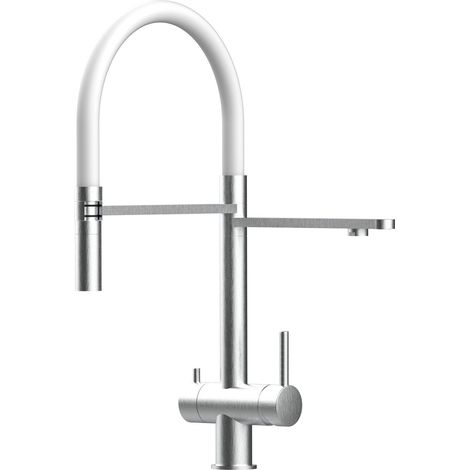Robinet de Cuisine Mitigeur 3 voies en ACIER INOXYDABLE CHIRURGICAL 316 brosse mat bec blanc orientable et douchette 2 jets detachable VIZIO (1/5)