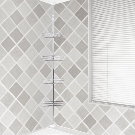 Barre de tension métallique réglable pour coin de douche, étagère de rangement à 4 paniers (1/5)