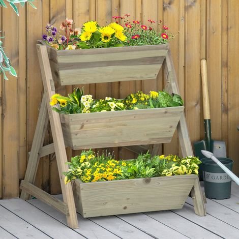 Outsunny 3-stufiger Leiterpflanzkasten, vertikaler Pflanzkasten aus Holz mit Vliesstoff und Abflusslöchern, für den urbanen Garten, Blumentöpfe, Garten, 71 x 61 x 77 cm, Natur