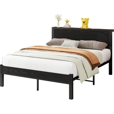 CHICFURN Lit 120x200 cm avec tête de lit rangement, cadre métallique robuste, sommier non requis, style vintage noir, pour chambre adulte, charge 220 kg (1/5)