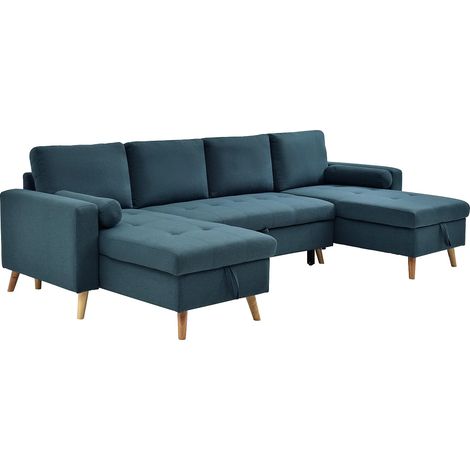 Canapé d'angle panoramique convertible en tissu bleu canard KORI (1/5)