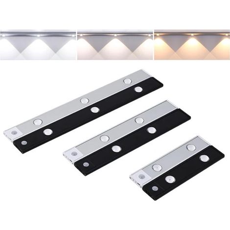 Lampe de placard LED sans fil 20 cm avec détecteur de mouvement, 3 couleurs entrelacées, projecteur, alimentée par batterie rechargeable, argent (1/5)