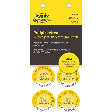80x Prüfplaketten Geprüft gem. BetrSichV 2018-2023 30mm Gelb Vinyl (1/4)