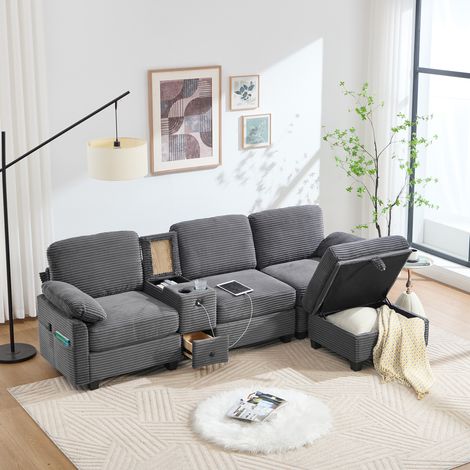 Sofá de pana gris oscuro 266 cm con consola deslizante, USB-C y puff arcón (1/5)