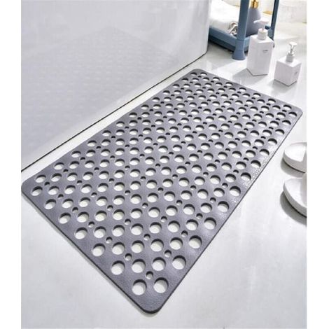 Alfombrilla de ducha antideslizante y antibacteriana de TPE, 75x43 cm, resistente al moho y lavable a máquina, para ducha o bañera, con orificios redondos, color gris. (1/4)