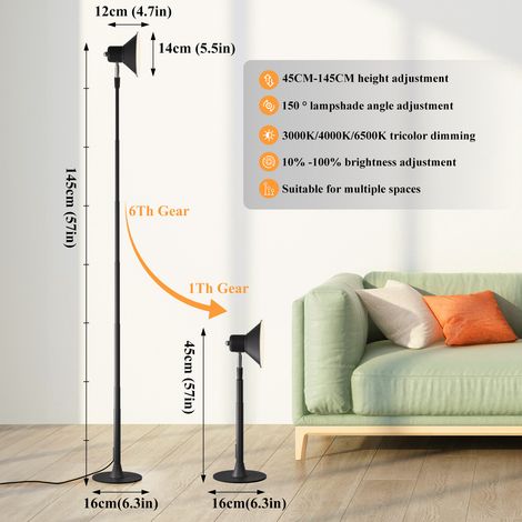 Dimmbare LED-Stehleuchte, höhenverstellbar, Eisengestell, modernes Design, verstellbarer Winkel, ideal für Wohnzimmer, Schlafzimmer und als Leselampe, Modell B – Schwarz