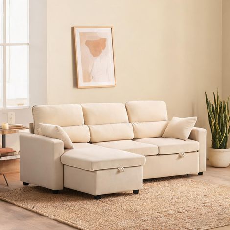 Canapé convertible beige en velours côtelé 205 x 135 x 76 cm (1/5)