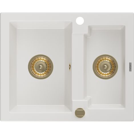 Mexen Carlos fregadero de granito de 1,5 senos 582 x 475 mm, blanco, sif贸n dorado - 6518581500-20-G (1/5)