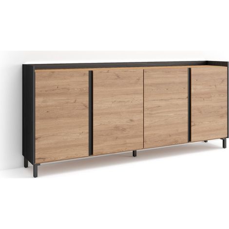 Skraut Home - Credenza, Mobile, Cucina, Madia, mobile ingresso, 207x35x91cm, 4 Porte, Design industriale, LED, Stile moderno, Rovere e nero (1/5)