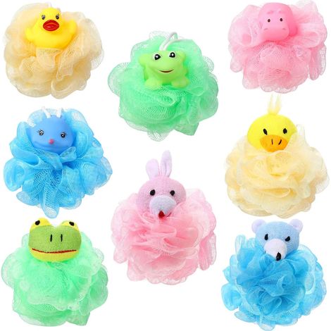 Lot de 8 éponges de bain animaux pour enfants, luffa, fleur de bain en maille, éponges colorées, boule de douche, éponge de spa pour enfants (style mignon) (1/5)