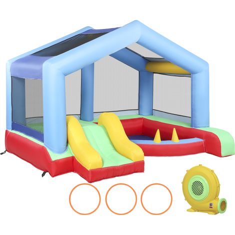 Château gonflable 4 en 1, aire de jeux avec ventilateur, toboggan, bassin à balles, jeu d'anneaux, multicolore (1/4)