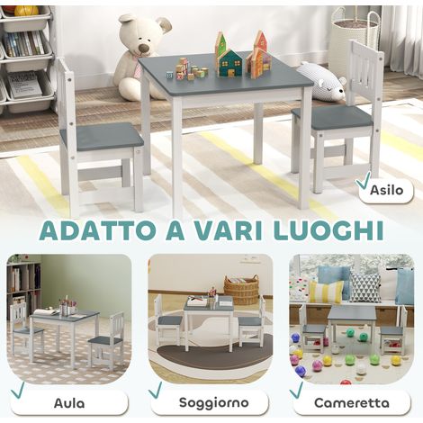 Table enfants 3-8 ans : 3 pièces bois blanc gris, chaises assorties, bords arrondis (1/5)
