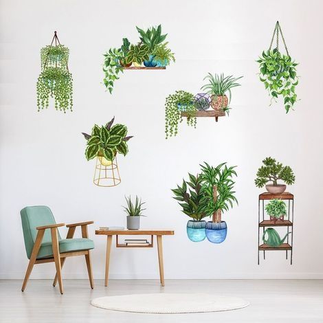 7 Pièces Stickers Muraux Plante en Pot, Sticker Mural Plante Tropicale Déco pour Salon Cuisine Pépinière Chambre Étude, Autocollant Sticker Art Bricolage Decoration DIY (1/5)