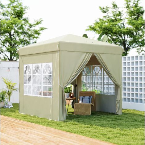 Cenador plegable desplegable de altura regulable, 248x248 cm, UPF50+, con 2 ventanas y 2 entradas, poliéster color crema. (1/5)