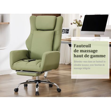Fauteuil de bureau à pieds croisés, revêtement cuir PU, fonction massage, accoudoirs et repose-pieds réversibles, vert (1/5)
