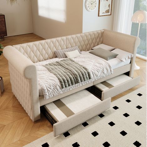 Tagesbett 90/200 cm beige aus Leinen mit 2 Schubladen (1/5)