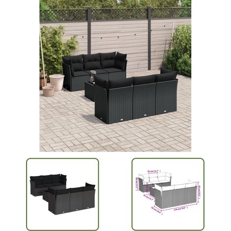 The Living Store Salon de jardin 7 pcs avec coussins noir résine tressée - Ensemble Salon De Jardin - Mobilier De Jardin - Salon De Jardin Design - Meubles De Jardin Résistants - Set Salon De Jardin (1/3)