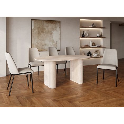 Deco In Paris – Table de salle à manger ovale en marbre composite beige 6 personnes 180cm – Plateau aspect travertin – Pieds larges contemporains