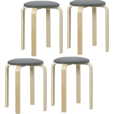 Lot de 4 tabourets empilables ronds, assise en tissu effet lin, pieds en bois, gris, pour salle à manger, cuisine et petits espaces – CHICFURN (1/5)
