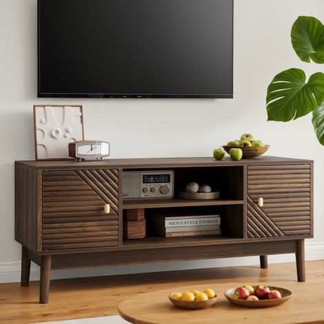 Meuble TV pour écran jusqu’à 45 pouces, rangement et passe-câbles, 110x40x48 cm, MDF noyer (1/5)