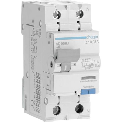 Ad956j Disjoncteur Différentiel Hager 1p+n 6a 30ma 6ka Type A - Neutre à Droite - Auxiliarisable (1/2)