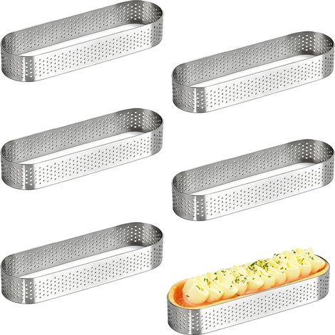 Lot de 6 Anneaux Cercle à Tarte en Acier Inoxydable,Cercle à Tarte Perforé 403 Inoxydable en Ovale Forme,Moules à Tartelette Perforés pour Mousse, Quiches, Desserts Français(13 × 4.5 × 2CM)