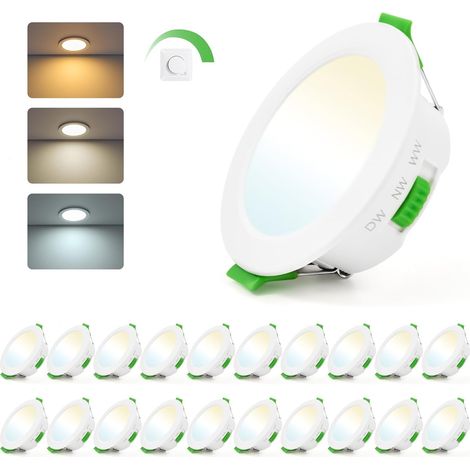 5W Spot LED Encastrable Extra Plat Dimmable 230V IP44, Lot de 20  3000K Blanc Chaud 4000K Blanc Neutre 6000K Blanc Froid 380LM, Trou 65-80mm, Spots de Plafond pour Salle de Bain Salon Cuisine (1/5)