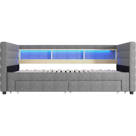 Letto divano trasformabile 90 x 190 cm in velluto grigio con cassetti, LED, USB e Type-C (1/5)